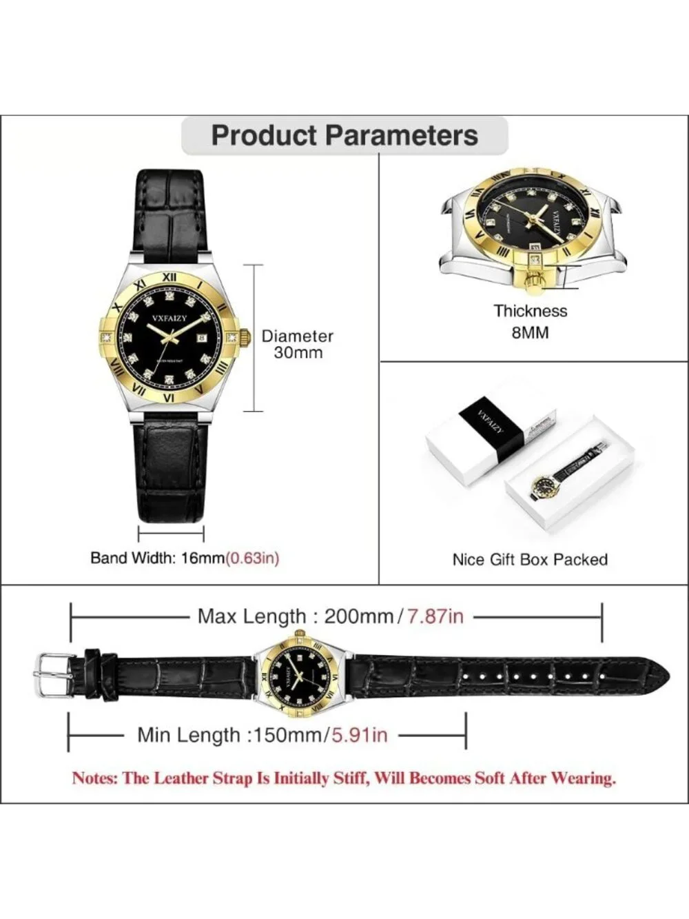 Women's Silver Black Crystal Diamond Dial Genuine Leather Strap Wrist Watches